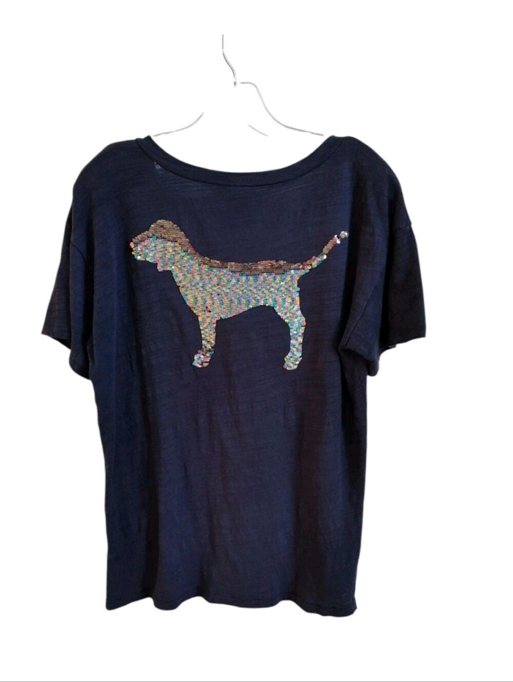 Pink by Victorias Secret Womens Sequins Dog V Neck T Shirt Navy Blue Size Small